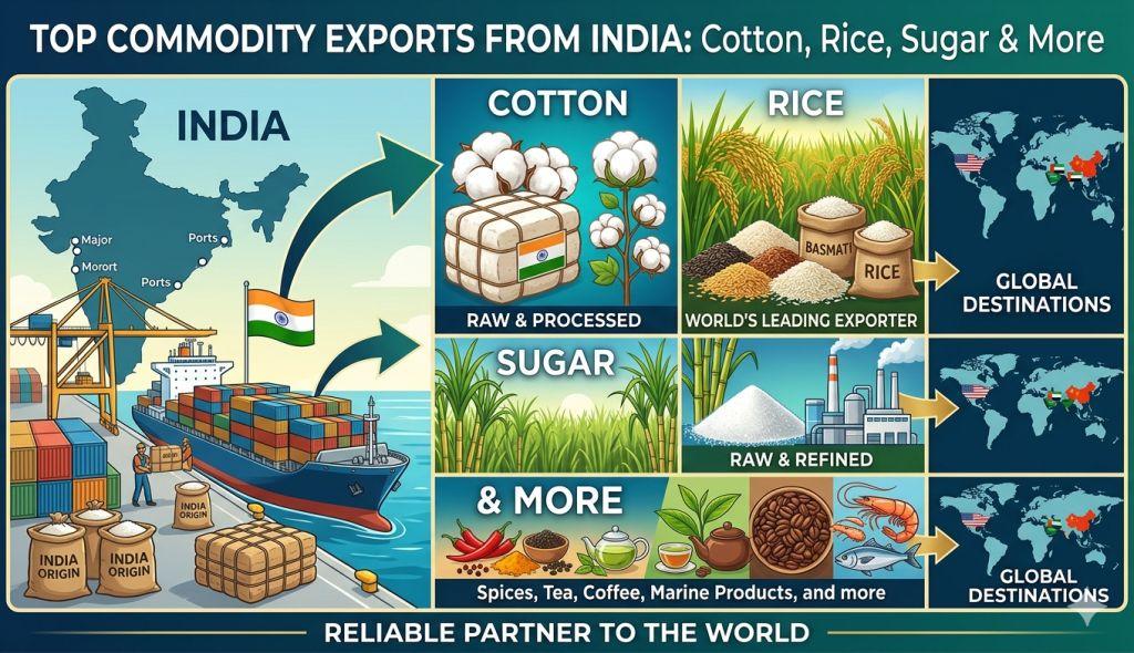 Top Commodity Exports from India: Cotton, Rice, Sugar & More