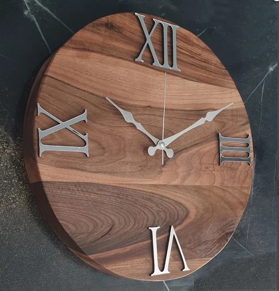 Wooden Wall Clock with Silver Numerals